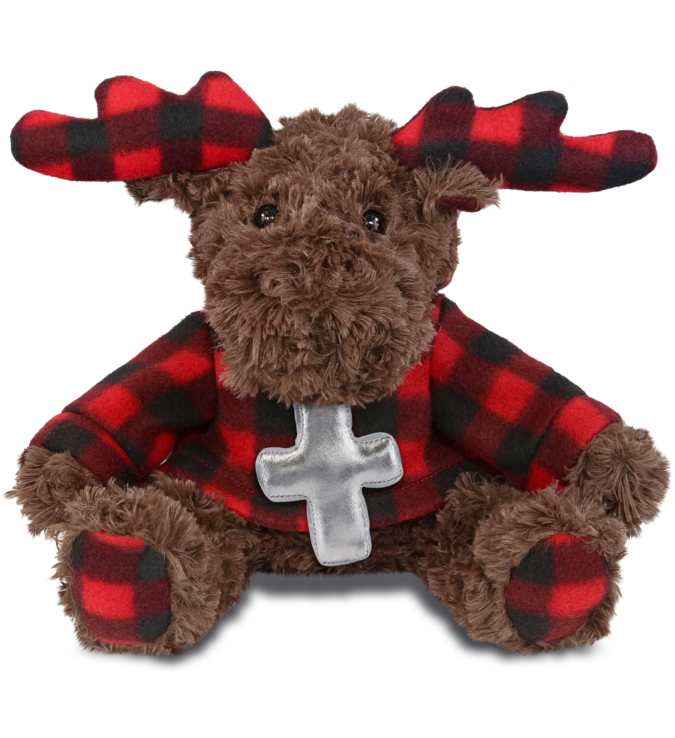 DolliBu Plaid Curly Moose with Hoodie Stuffed Animal with Silver Cross Plush - Religious Baptism Gift for Boys and Girls, Dedication Christening Gifts Plush Prayer Toy Healing Stuffed Animal - 10 Inch