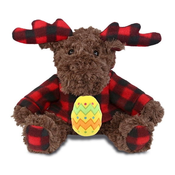 DolliBu Plaid Curly Moose with Hoodie with Yellow Easter Egg Plush - Perfect Moose Stuffed Animals for Easter Basket, Cute Easter Egg Stuffed Animal Spring Toys for Girls, Boys, and Babies - 10 Inches
