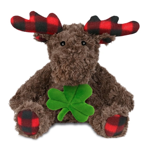 DolliBu Plaid Curly Moose Stuffed Animal with Green Plush Shamrock, Cute Green Shamrock Plush, Fun St Patricks Day Stuffed Animal Moose, Good Luck St Patricks Day Toys for Kids, Baby - 10 Inches
