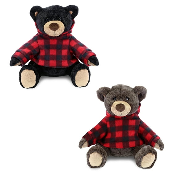DolliBu Plush Black Bear and Brown Bear with Red Plaid Hoodie - Soft Huggable Adorable Playtime Zoo Plush with Clothes Cute Wildlife Cuddle Gift Super Soft Plush Doll Toy For Kids and Adults -Set of 2