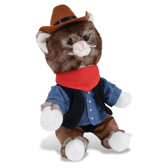 DolliBu Plush Brown Cat Stuffed Animal Cowboy Plush - Western-Themed Cat Plush with Cute Cowboy Costume Denim Shirt Vest, Bandana, Leather Pants, and Hat - 7 Inches