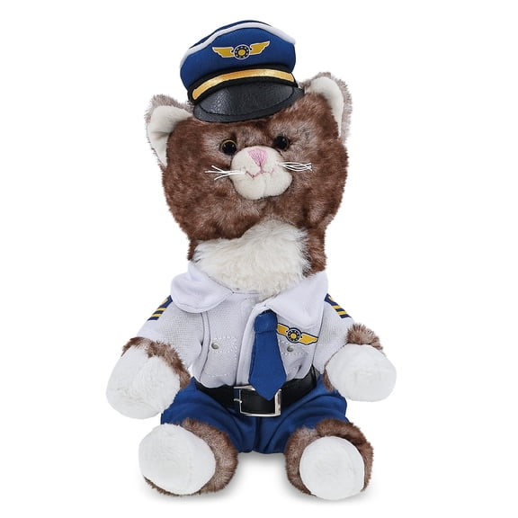 DolliBu Plush Brown Cat Stuffed Animal with Pilot Costume - Cute Pet Life Animal Plush Toy with Airplane Aviation Uniform Dress Up Set - 7 Inches