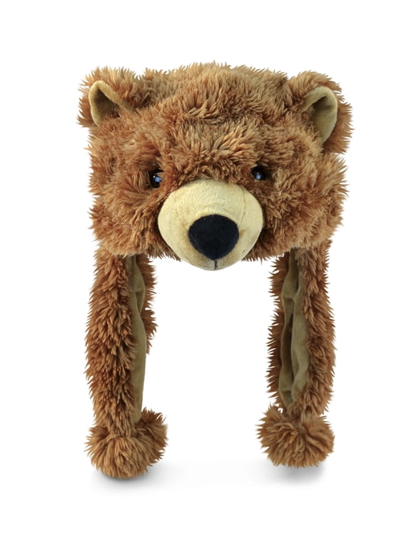 Plush Brown Grizzly Bear Hat - Stuffed Animal Plush Hat with Ear Flaps for Teens and Adults, Cute Beanie Teddy Bear Costume for Winter Outfits - One Size