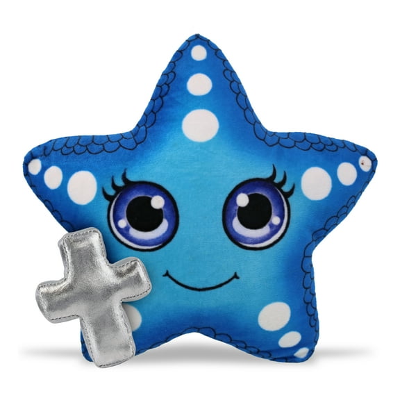 DolliBu Plush Buddies Blue Starfish Stuffed Animal with Silver Cross Plush - Religious Baptism Gifts for Boys and Girls, Dedication Christening Gifts Plush Prayer Toy Healing Stuffed Animal - 8.5 Inch