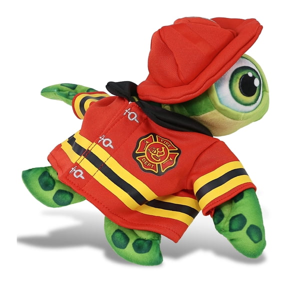 DolliBu Plush Buddies Green Sea Turtle Firefighter Stuffed Animal - Fireman Toy with Red Fireman Costume Outfit and Fireman Hat, Turtle Stuffed Animal Fire Fighter Doll Plush Toy for Kids - 10 Inches