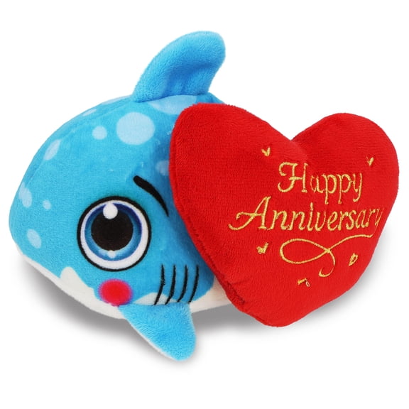 DolliBu Plush Buddies Shark Stuffed Animal with Happy Anniversary Red Heart Plush - Soft and Cuddly Ocean Animal Shark Stuffed Toy Gift for Couples or Friends - 6 Inches