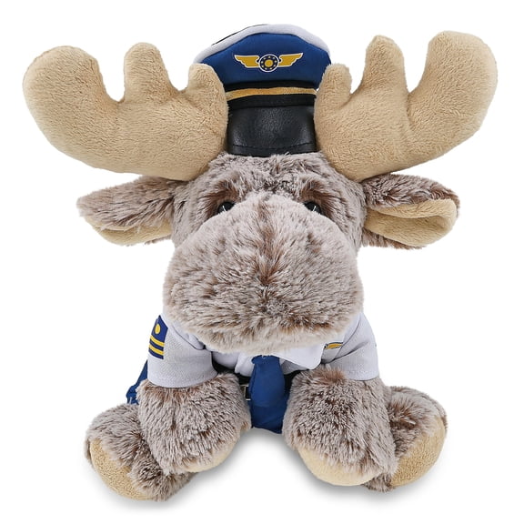 DolliBu Plush Floppy Moose Stuffed Animal with Pilot Costume - Cute Wildlife Animal Moose Plush Toy with Airplane Aviation Uniform Dress Up Set - 12 Inches