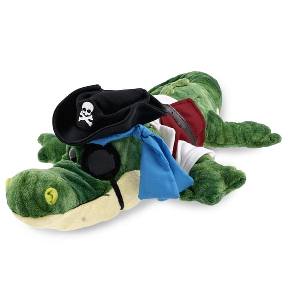 DolliBu Plush Gator Stuffed Animal With Pirate Dress Up Set - Sea Adventure Plush Toy Stuffed Gator with Cute Pirate Costume - Hat, Shirt, Pants, Eye Patch, Belt - 18 Inches