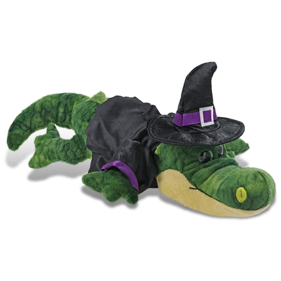 DolliBu Plush Gator Stuffed Animal with Witch Costume - Cute Wildlife Animal with Black Cloak and Witch Hat Outfit - Spooky Halloween Plush Toy for Kids - 18 Inches