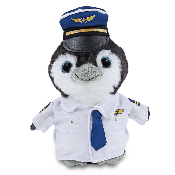 DolliBu Plush Grey Penguin Stuffed Animal with Pilot Costume - Cute Ocean Life Animal Plush Toy with Airplane Aviation Uniform Dress Up Set - 9 Inches