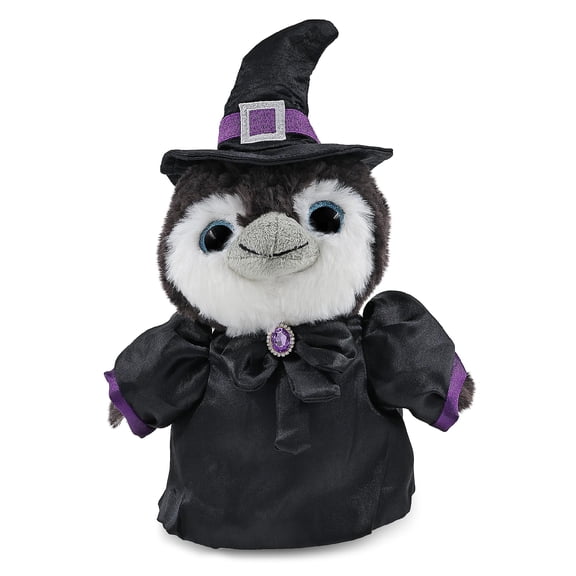 DolliBu Plush Grey Penguin Stuffed Animal with Witch Costume - Cute Ocean Life Animal with Black Cloak and Witch Hat Outfit - Spooky Halloween Plush Toy for Kids - 9 Inches