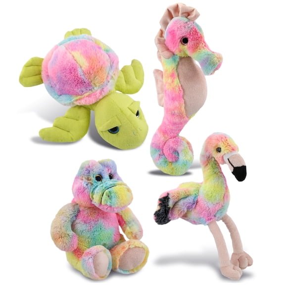 DolliBu Plush Mix Collection Stuffed Toys - Soft Huggable Rainbow Plush, Adorable Wild Animal Plush Toys, Cute Rainbow Cuddle Gifts, Super Soft Plush Doll Rainbow Toys for Kids and Adults - 4 Pack