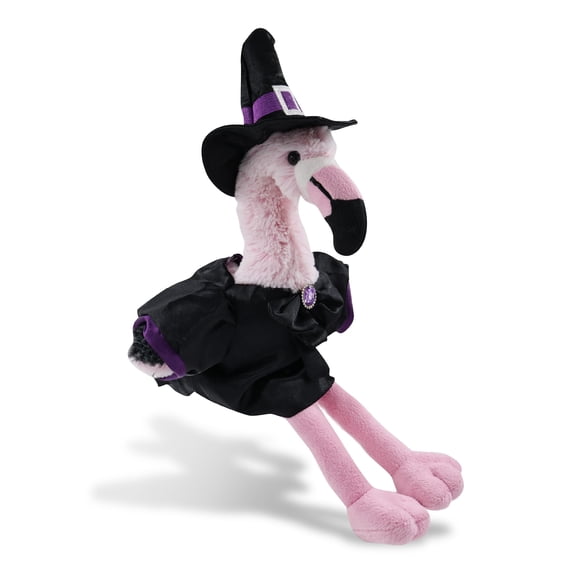 DolliBu Plush Pink Flamingo Stuffed Animal with Witch Costume - Cute Tropical Animal with Black Cloak and Witch Hat Outfit - Spooky Halloween Plush Toy for Kids - 10 Inches