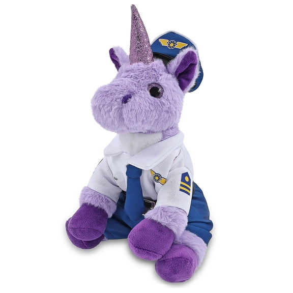 DolliBu Plush Purple Unicorn Stuffed Animal with Pilot Costume - Cute Fantasy Plush Toy with Airplane Aviation Uniform Dress Up Set - 9 Inches