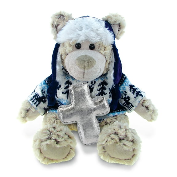 DolliBu Polar Bear with Clothes Stuffed Animal with Silver Cross Plush - Religious Baptism Gifts for Boys and Girls, Dedication Christening Gifts Plush Prayer Toy Healing Stuffed Animal - 9 Inch