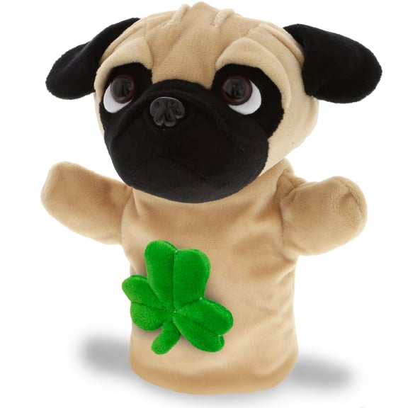 DolliBu Pug Dog Hand Puppet Stuffed Animal with Green Plush Shamrock, Cute Green Shamrock Plush, Fun St Patricks Day Stuffed Animal Pug Dog, Good Luck St Patricks Day Toys for Kids, Baby - 8.5 Inches