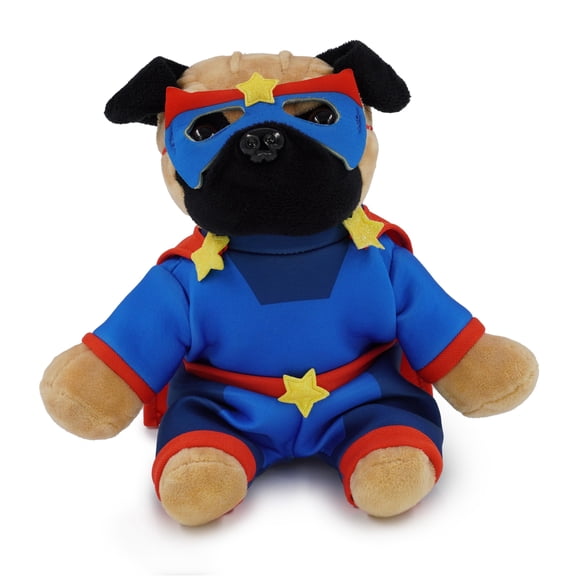 DolliBu Pug Dog Plush Stuffed Animal with Superhero Costume - Cute Pet Life Toy with Red Cape Blue Suit, Eye Mask - Super Hero Adventure Plush for Kids - 8 Inches