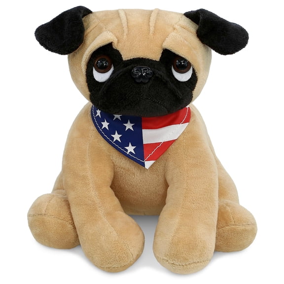 DolliBu Pug Dog Plush with USA Flag Bandana - Super Soft United States of America Pug Dog Patriotic Stuffed Animal - 10 Inches