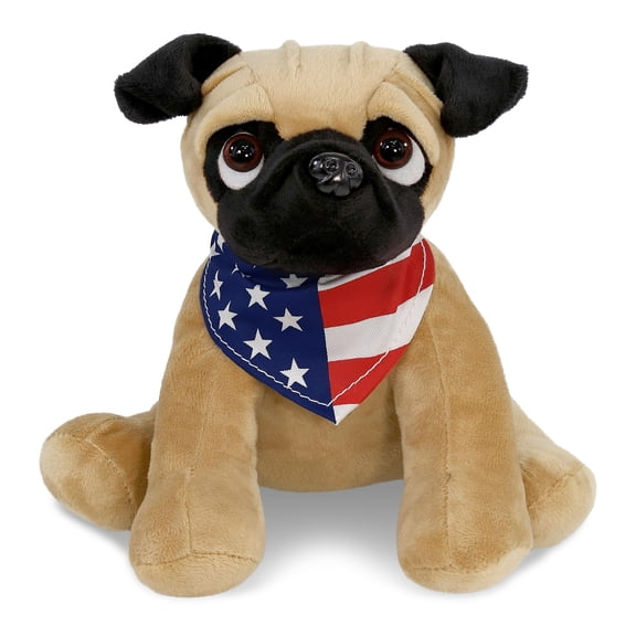 DolliBu Pug Dog Plush with USA Flag Bandana - Super Soft United States of America Pug Dog Patriotic Stuffed Animal - 8 Inches