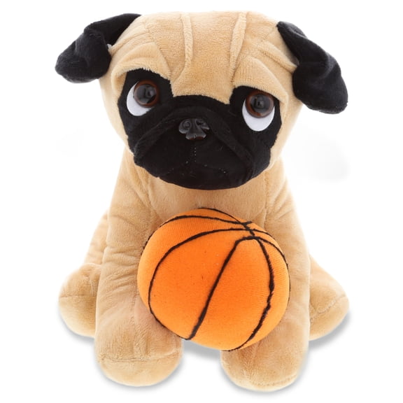 DolliBu Pug Dog Stuffed Animal with Basketball Plush - Soft Huggable Dog, Adorable Playtime Plush Toy, Cute Pet Life Gift, Basketball Plush Doll Animal Toy for Kids and Adults - 10 Inches