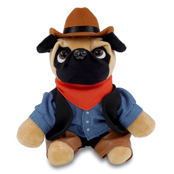 DolliBu Pug Dog Stuffed Animal Cowboy Plush - Western-Themed Pug Dog Plush with Cute Cowboy Costume Denim Shirt Vest, Bandana, Leather Pants, and Hat - 8 Inches