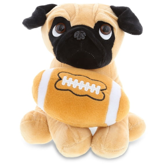 DolliBu Pug Dog Stuffed Animal with Football Plush - Soft Huggable Dog, Adorable Playtime Plush Toy, Cute Pet Life Gift, Football Plush Doll Animal Toy for Kids and Adults - 10 Inches