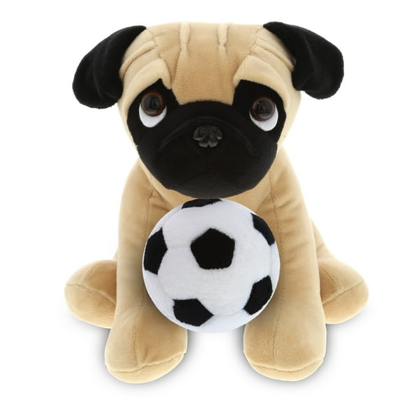 DolliBu Pug Dog Stuffed Animal with Soccer Ball Plush - Soft Pug Dog, Adorable Playtime Pug Dog Plush Toy, Cute Wildlife Gift, Super Soft Plush Doll Animal Toy for Kids and Adults - 8 Inches