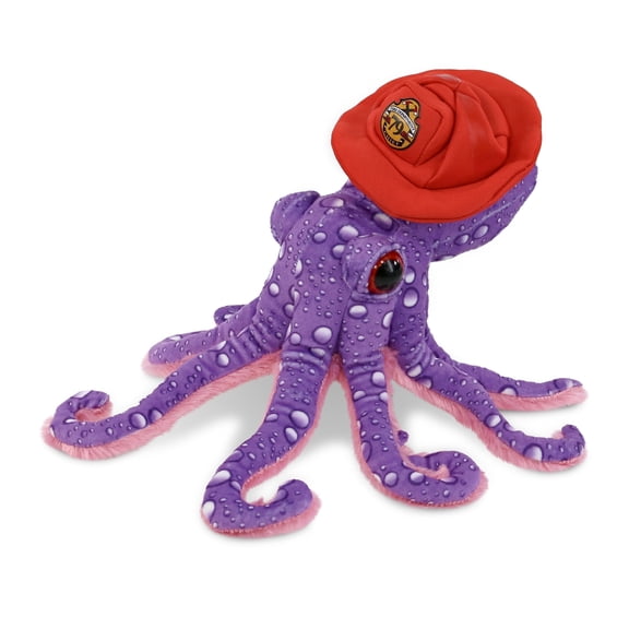 DolliBu Purple Octopus Firefighter Stuffed Animal - Wild Collection Octopus Fireman Toy with Red Fireman Hat Outfit, Cute Ocean Life Animal Fire Fighter Doll Plush Toy for Kids and Adults - 12 Inch