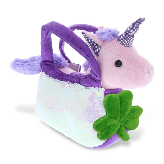 DolliBu Purple Unicorn  Purse Pet Carrier Animal with Green Plush Shamrock, Cute Green Shamrock Plush, St Patricks Day Stuffed Animal Unicorn, Good Luck St Patricks Day Toys for Kids, Baby - 9 Inch