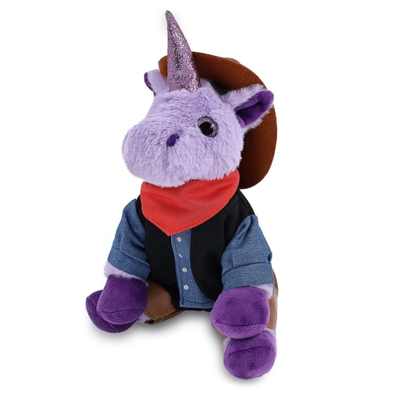 DolliBu Purple Unicorn Stuffed Animal Cowboy Plush - Western-Themed Unicorn Plush with Cute Cowboy Costume Denim Shirt Vest, Bandana, Leather Pants, and Hat - 9 Inches