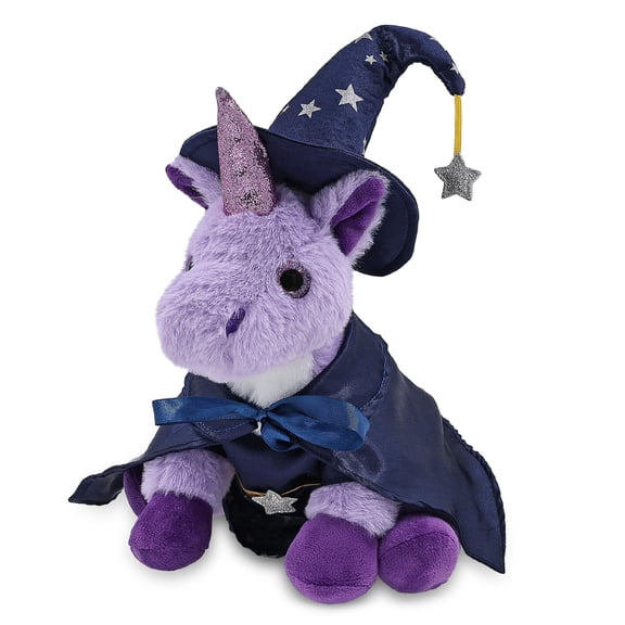 DolliBu Purple Unicorn Stuffed Animal with Wizard Costume - Cute Fantasy Plush Toy with Magical Dress Up Set Blue Cape and Wizard Hat with Silver Stars - 9 Inches