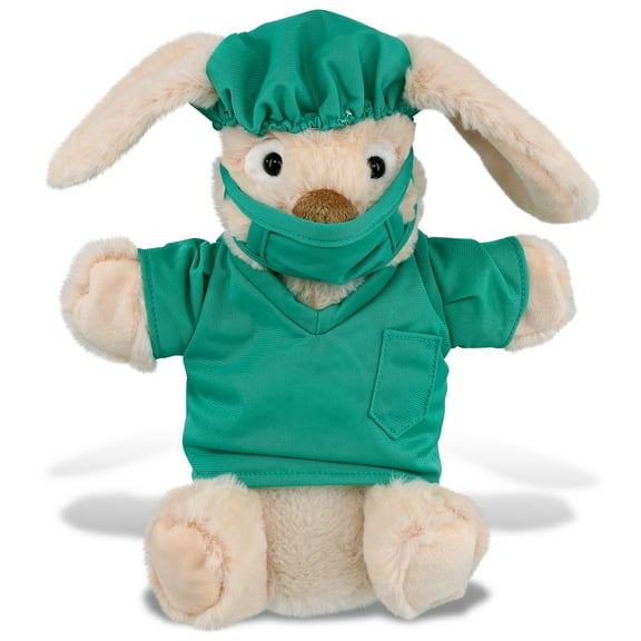 DolliBu Rabbit Hand Puppet Doctor Plush Toy - Super Soft Rabbit Doctor Stuffed Animal Dress Up with Cute Scrub Uniform and Cap Outfit - Fluffy Doctor Toy Plush Gift - 9 Inches