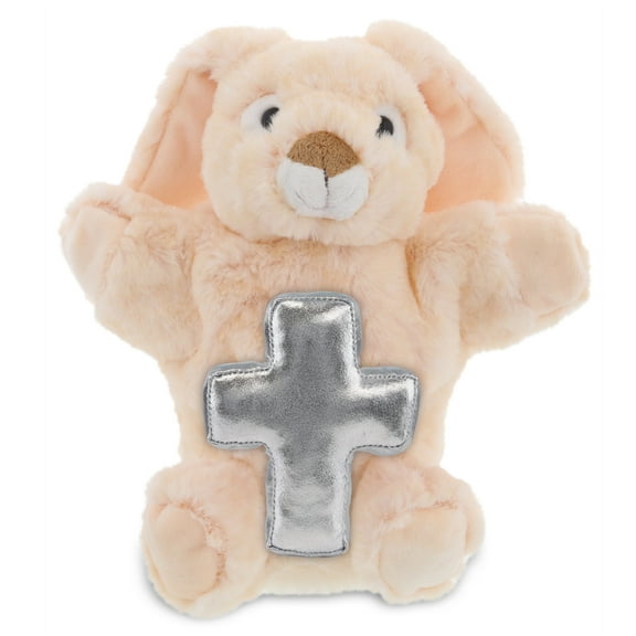 DolliBu Rabbit Hand Puppet Stuffed Animal with Silver Cross Plush - Religious Baptism Gifts for Boys and Girls, Dedication Christening Gifts Plush Prayer Toy Healing Stuffed Animal - 9 Inches