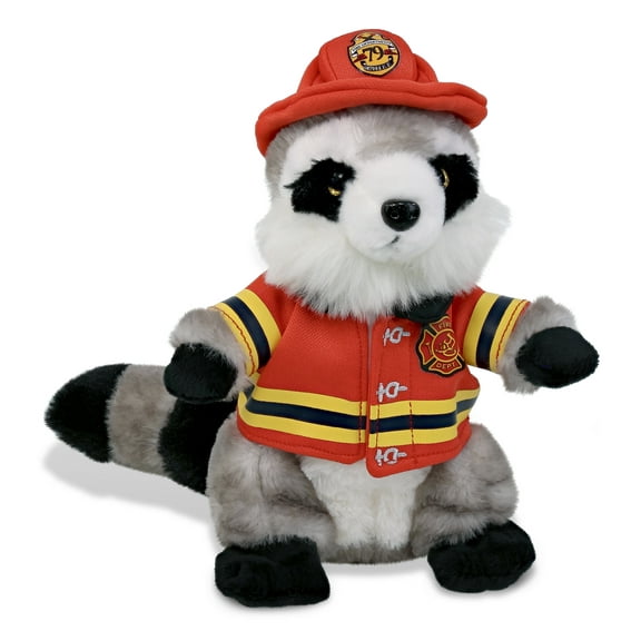 DolliBu Raccoon Firefighter Stuffed Animal - Super Soft Raccoon Fireman Toy with Red Fireman Costume Outfit and Fireman Hat, Cute Wild Life Stuffed Animal Fire Fighter Doll Plush Toy for Kids - 9 Inch