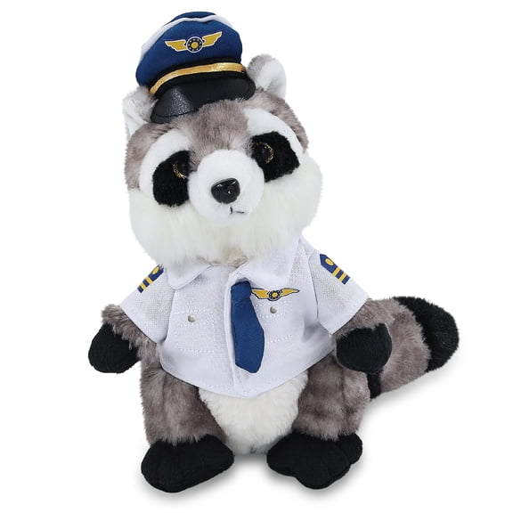 DolliBu Raccoon Stuffed Animal with Pilot Costume - Cute Wildlife Plush Toy with Airplane Aviation Uniform Dress Up Set - 9 Inches