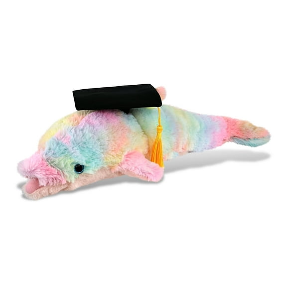 DolliBu Rainbow Dolphin Graduation Plush Toy Stuffed Animal - Super Soft Graduation Gift Dolphin Stuff Animal Plush Toys with Cap with Tassel Outfit - Cute Graduation Gifts - 14 Inches