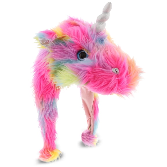 DolliBu Rainbow Dragoncorn Plush Hat - Soft Warm Hat with Ear Flaps, Funny Plush Party Crazy Hat, Stuffed Animal Dragon Halloween Costume Toy Hat, Cozy Fleece Winter Hat for Kids & Teens - One Size