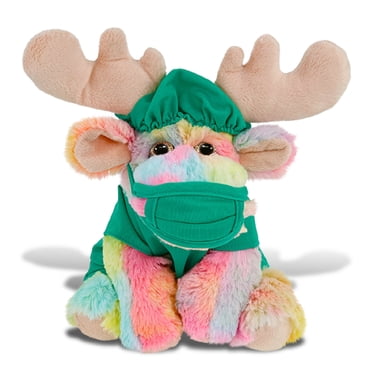 DolliBu Sitting Moose Doctor Plush Toy - Super Soft Moose Doctor St￭ Animal Dress Up With Cute Scrub Uniform Cap Outfit 11 Inches