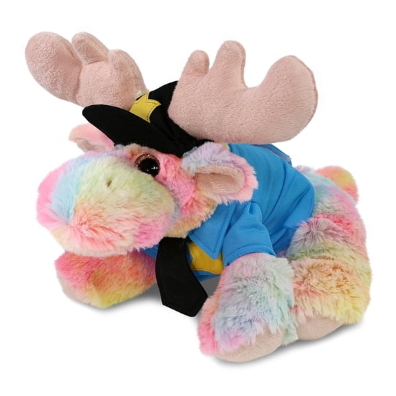 DolliBu Rainbow Floppy Moose Police Officer Plush Toy Super Soft Floppy Moose Cop Stuffed Animal Dress Up Cop Uniform and Cap Outfit, Fluffy Moose Policeman Toy Plush Gift for Kids 9 Inches