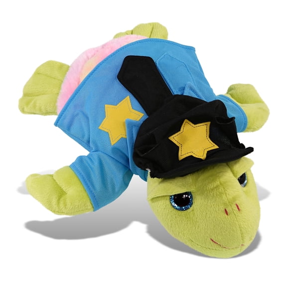 DolliBu Rainbow Green Sea Turtle Police Officer Plush Toy Super Soft Green Sea Turtle Cop Stuffed Animal Dress Up Cop Uniform and Cap Outfit, Fluffy Policeman Toy Plush Gift for Kids 10 Inches