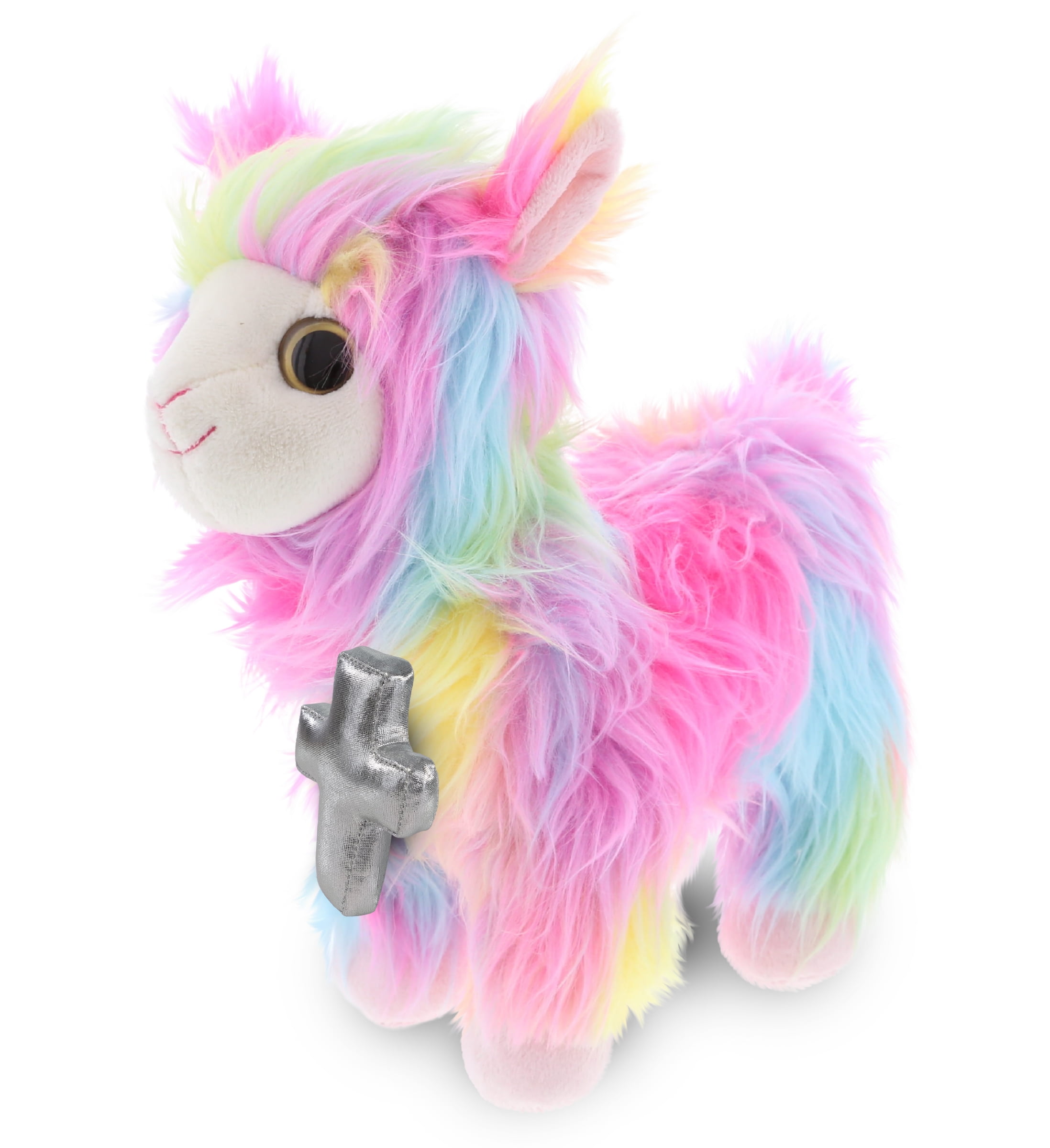 DolliBu Rainbow Llama Stuffed Animal with Silver Cross Plush - Religious Baptism Gifts for Boys and Girls, Dedication Christening Gifts Plush Prayer Toy Healing Stuffed Animal - 10 Inches