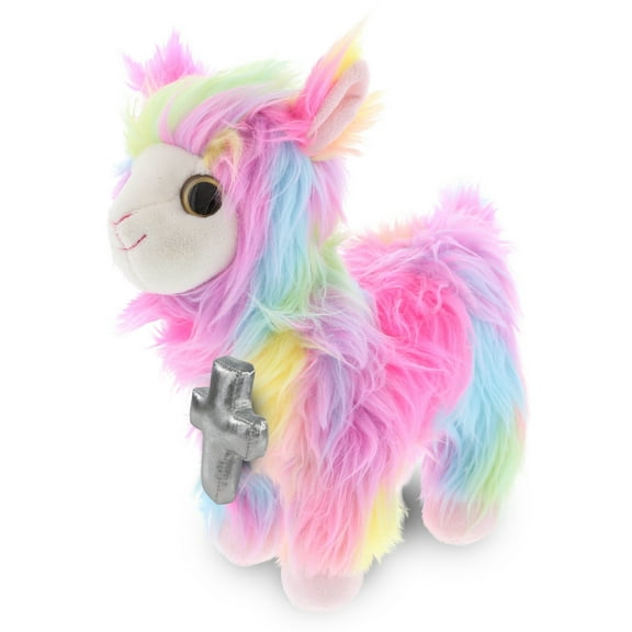 DolliBu Rainbow Llama Stuffed Animal with Silver Cross Plush - Religious Baptism Gifts for Boys and Girls, Dedication Christening Gifts Plush Prayer Toy Healing Stuffed Animal - 10 Inches