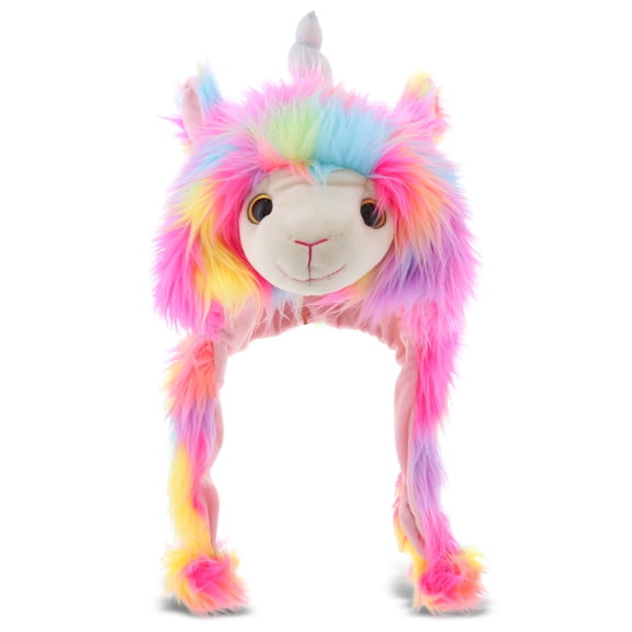 DolliBu Rainbow Llamacorn Plush Hat - Super Soft Warm Hat with Ear Flaps, Funny Plush Party Crazy Hat, Stuffed Llama Unicorn Halloween Costume Hat, Cozy Fleece Winter Hat for Kids & Teens - One Size