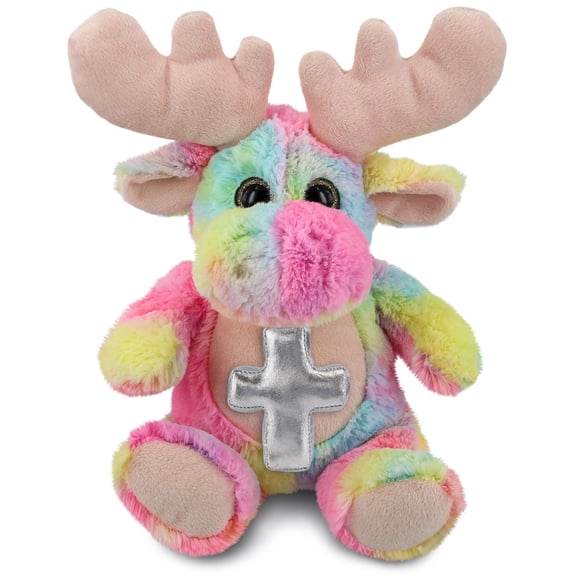 DolliBu Rainbow Moose Stuffed Animal with Silver Cross Plush - Religious Baptism Gifts for Boys and Girls, Dedication Christening Gifts Plush Prayer Toy Healing Stuffed Animal - 9 Inch