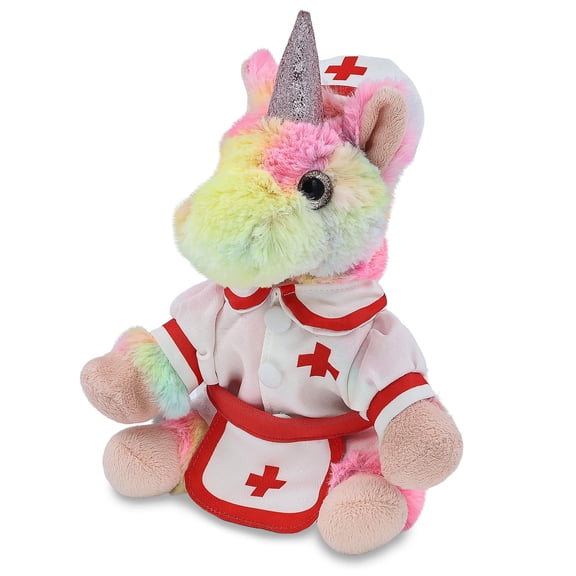DolliBu Rainbow Unicorn Plush with Nurse Stuffed Animal Dress Up Set - Hospital Costume Unicorn Stuffed Toy with Nurse Dress, Hat, and Apron, Get Well Plush For Kids and Adults - 9 Inches