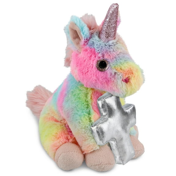 DolliBu Rainbow Unicorn Stuffed Animal with Silver Cross Plush - Religious Baptism Gifts for Boys and Girls, Cute Baby Dedication Christening Gifts Plush Prayer Toy Healing Teddy Bear - 9 Inches