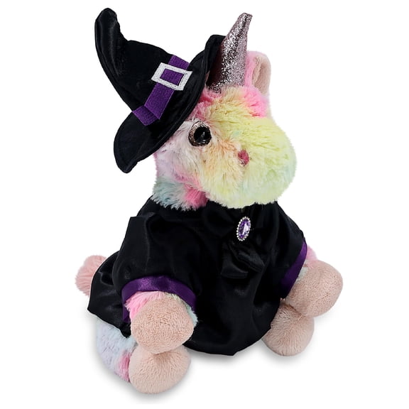 DolliBu Rainbow Unicorn Stuffed Animal with Witch Costume - Cute Fantasy Animal with Black Cloak and Witch Hat Outfit - Spooky Halloween Plush Toy for Kids - 9 Inches
