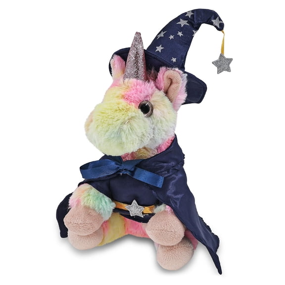DolliBu Rainbow Unicorn Stuffed Animal with Wizard Costume - Cute Fantasy Plush Toy with Magical Dress Up Set Blue Cape and Wizard Hat with Silver Stars - 9 Inches