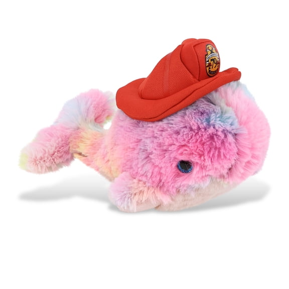 DolliBu Rainbow Whale Firefighter Stuffed Animal - Super Soft Whale Fireman Toy with Red Fireman Hat Outfit, Cute Ocean Life Animal Fire Fighter Doll Plush Toy for Kids and Adults - 7 Inch