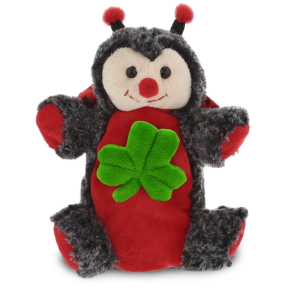 DolliBu Red Ladybug Hand Puppet Stuffed Animal with Green Plush Shamrock, Cute Green Shamrock Plush, Fun St Patricks Day Stuffed Animal Ladybug, Good Luck St Patricks Day Toys for Kids, Baby - 8 Inch